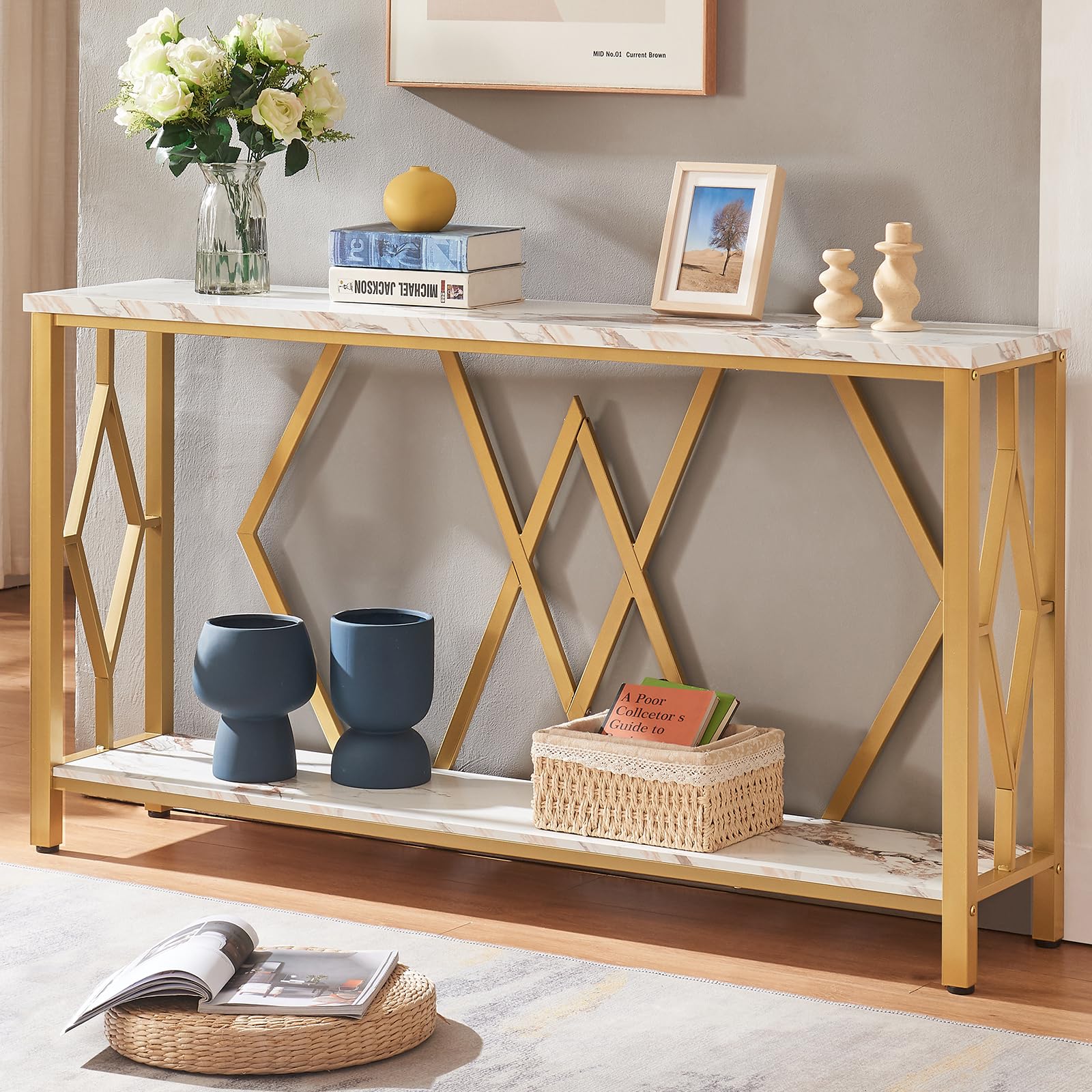 Gold Entryway Console Table with Faux Marble Top - 55 Inch Modern Sofa Table