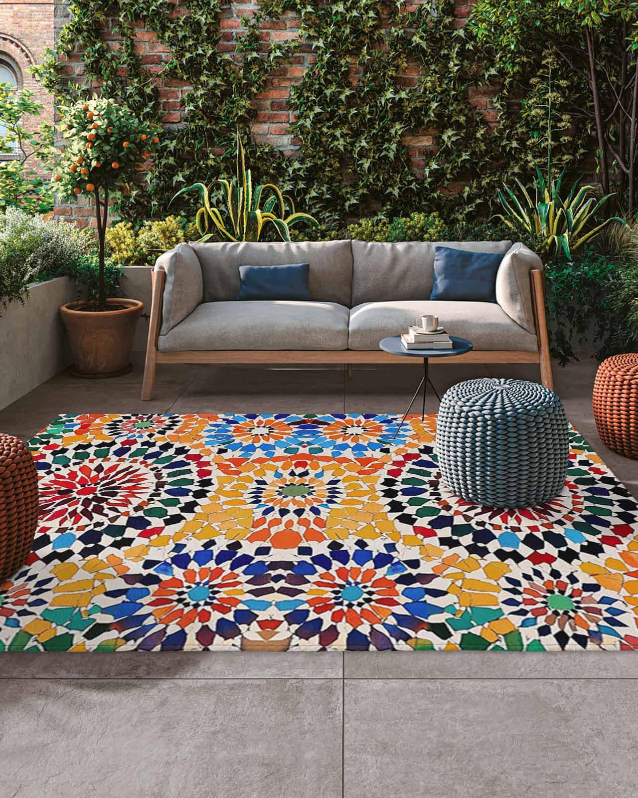 Outdoor Rug 6x9 ft Vintage Pop Art Outdoor Large Area Rug Non Slip Rubber Watercolor