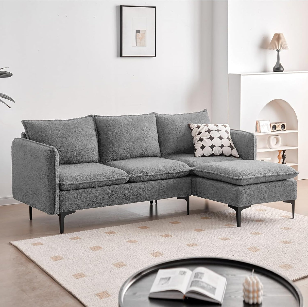 Wimarsbon L Shaped Modular Sectional Sofa Couch 3-Seat Sectional Couch with Chaise & Ottoman, Convertible Mid Century Teddy Velvet Fabric Sofa Bed for Living Room & Lounge