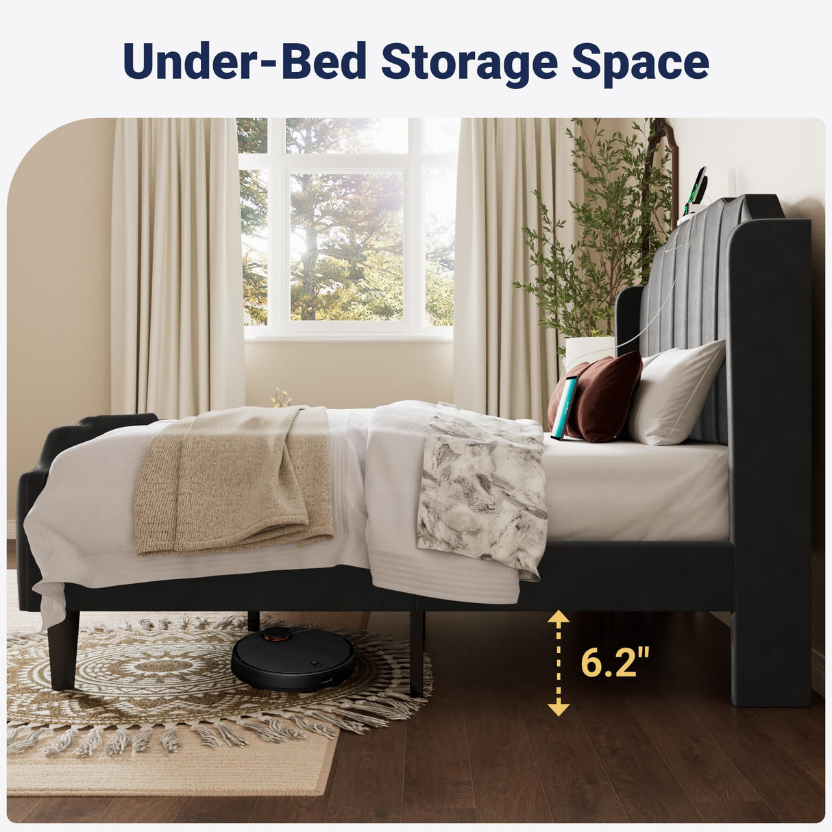 Vintage Full Size Velvet Platform Bed Frame with Tufted Wingback Headboard