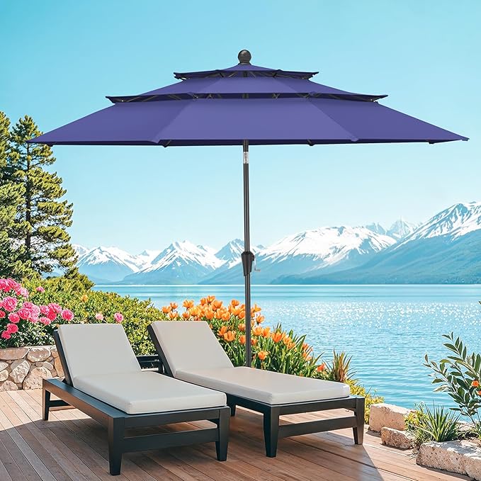 10 FT Patio Umbrella, 3 Tier Outdoor Table Umbrella with 8 Sturdy Glass Fiber Ribs