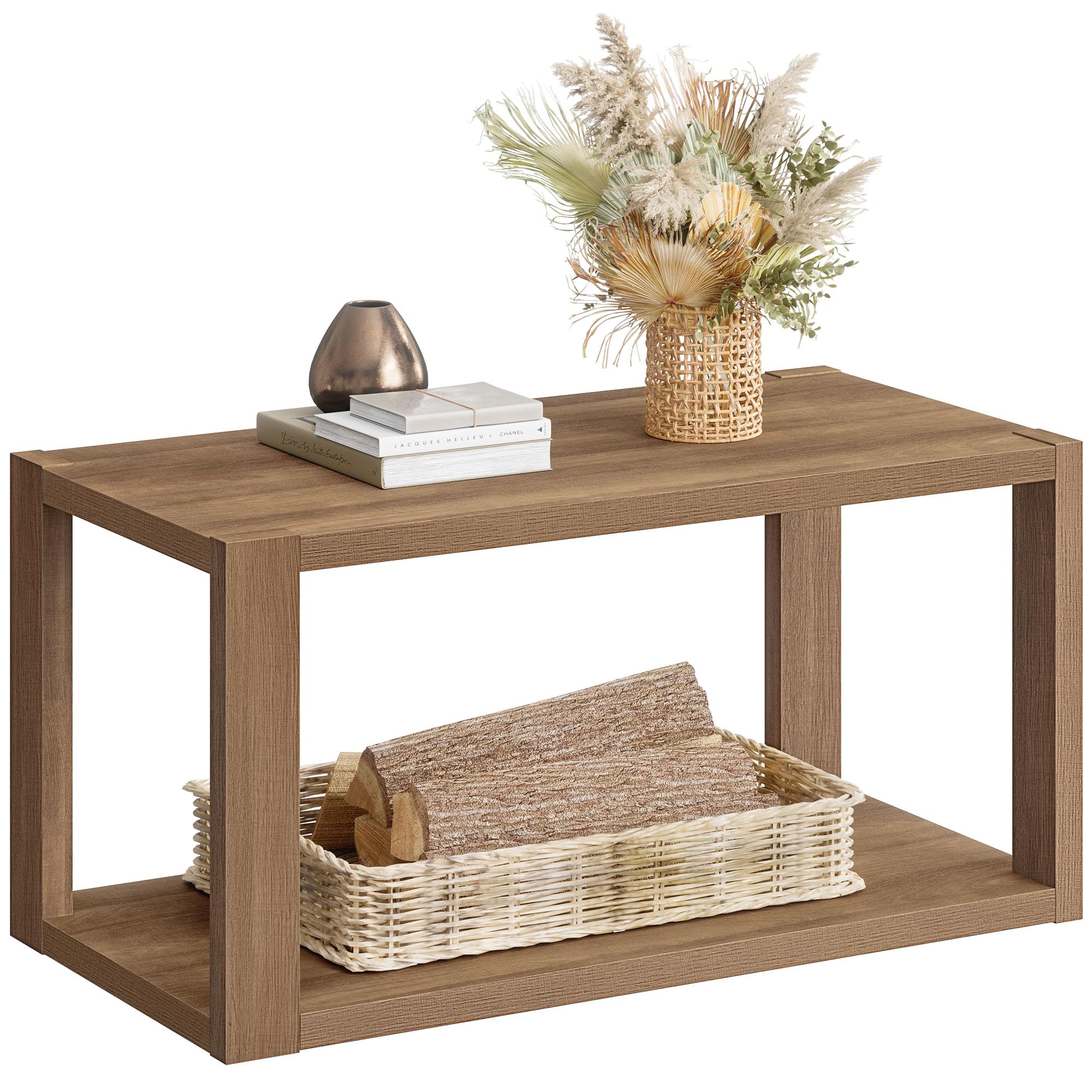 Farmhouse Wood Coffee Table - Boho Table with Storage Shelf
