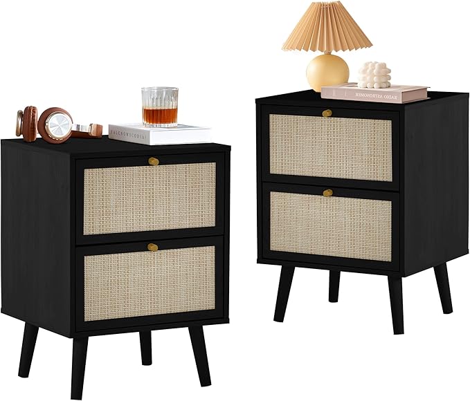 PHOYAL Rattan Nightstand Set of 2, End Table Rattan Bedside Table with Storage 3-Drawer Side Table