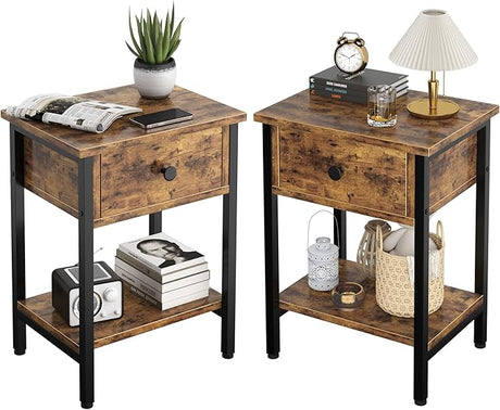 Nightstands Set of 2 with Drawers, Bedside Table Set of 2 with Storage Shelf, Heavy Duty End Side Table for Living Room Bedroom Small Space Sofa Couch, Wood Metal Night Stand, Easy to Assemble, Black