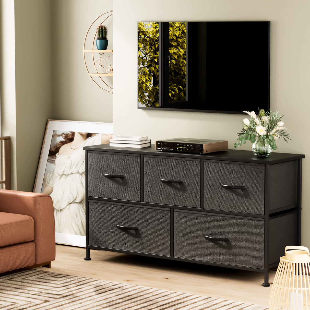 Fabric Dresser TV Stand for Bedroom with 5 Drawers, Wide Chest of Drawers