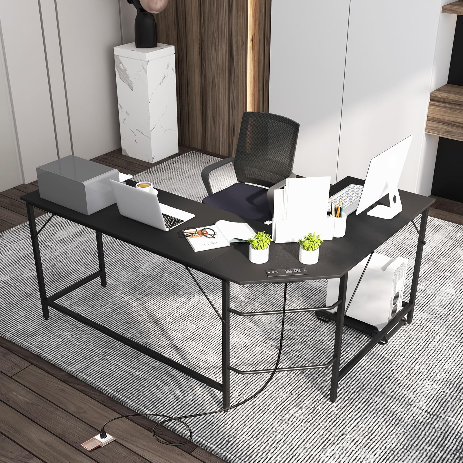 Tangkula L-Shaped Office Desk with CPU Stand, L Shaped Corner Desk with Power Outlets, USB Ports, Sturdy Metal Frame, Space-Saving Computer Desk for Home, Office, Gaming Desk, Computer Workstation
