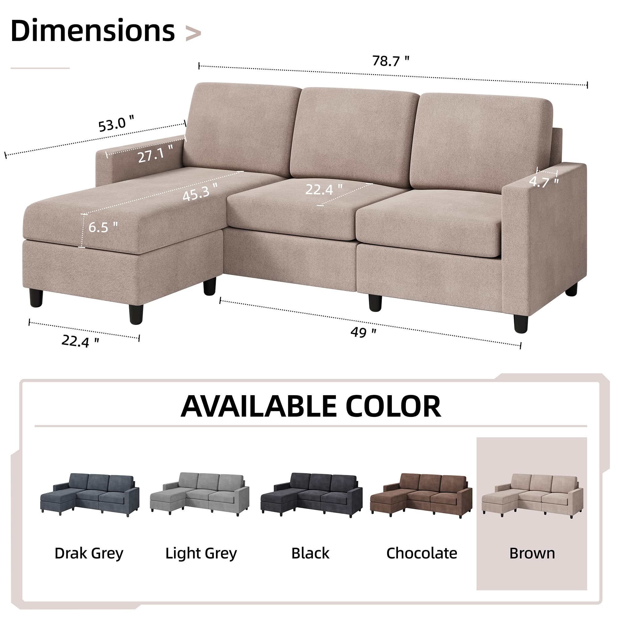 Convertible Sectional Sofa Couch, Modern Linen Fabric L-Shaped Couch 3-Seat Sofa