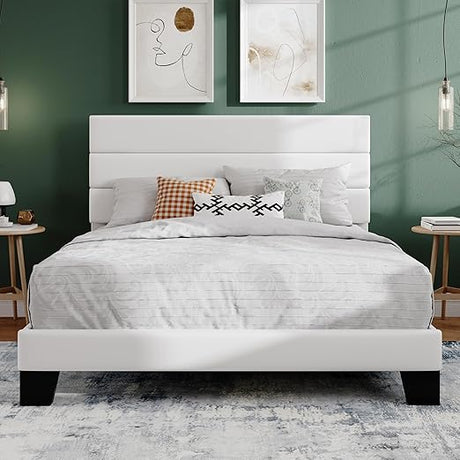 Queen Platform Bed Frame with Upholstered Fabric Headboard, Mattress Foundation