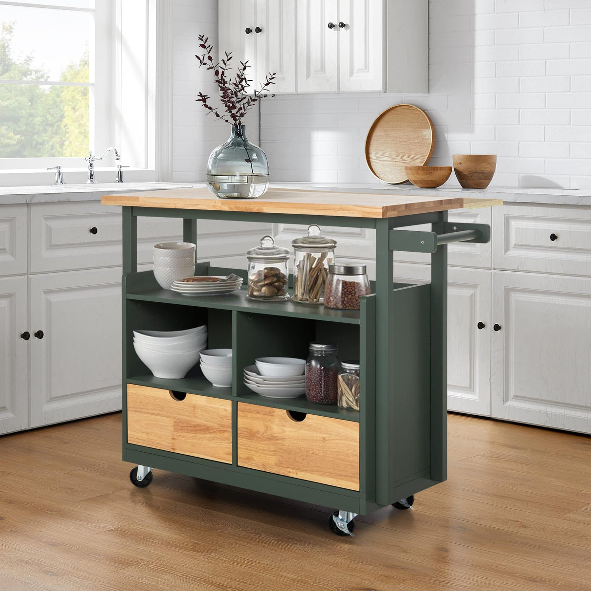 Kitchen Island Cart on Wheels - Butcher Block Island Table for Food Prep