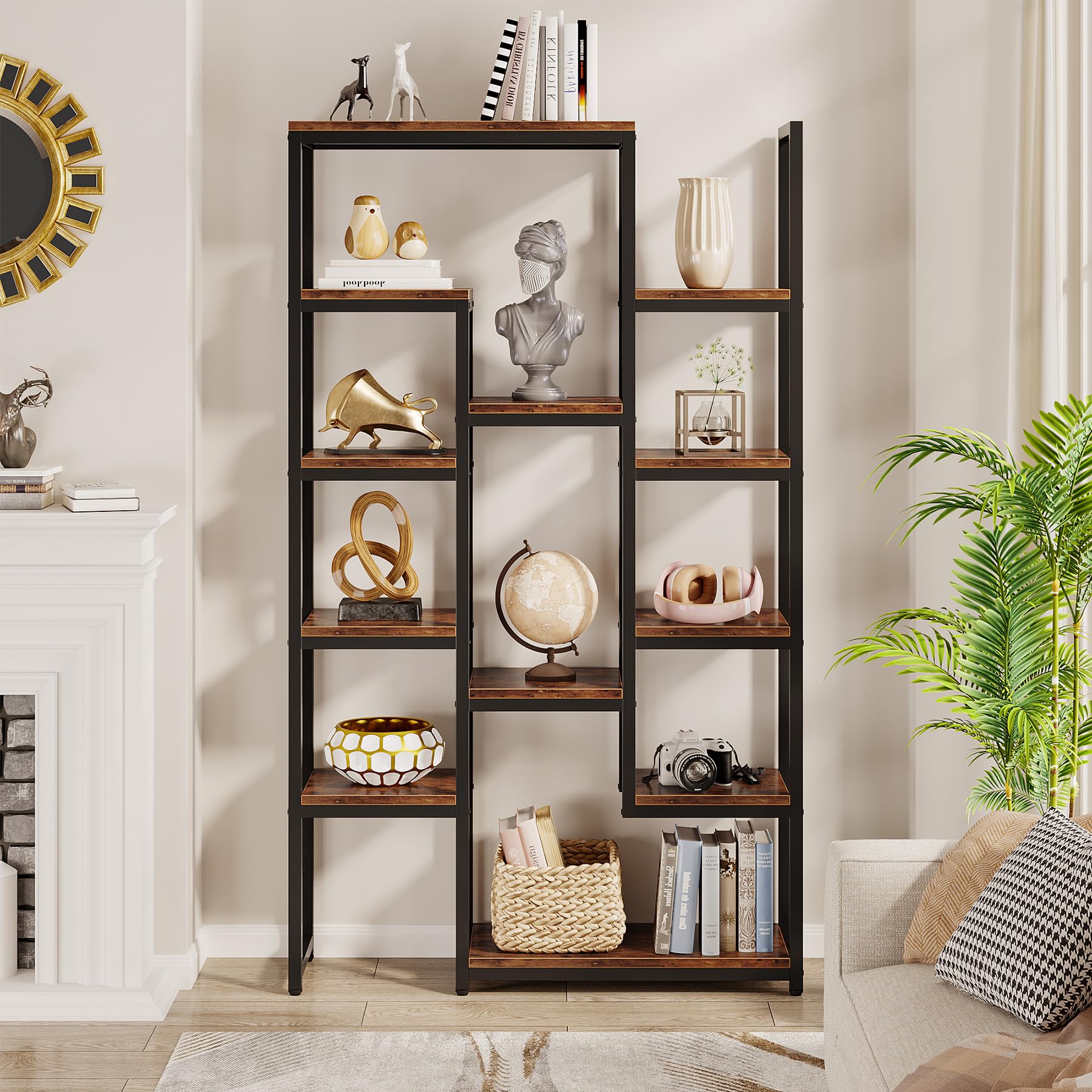 6-Tier Bookshelf 70.9 inch Tall Bookcase, Vintage Industrial 12-Shelf Display Shelves Book Storage Organizer for Living Room, Home Office (Brown)