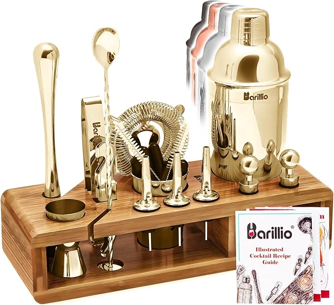 Silver Bartender Kit - Stainless-Steel Cocktail Shaker Set w/Black Bamboo Stand