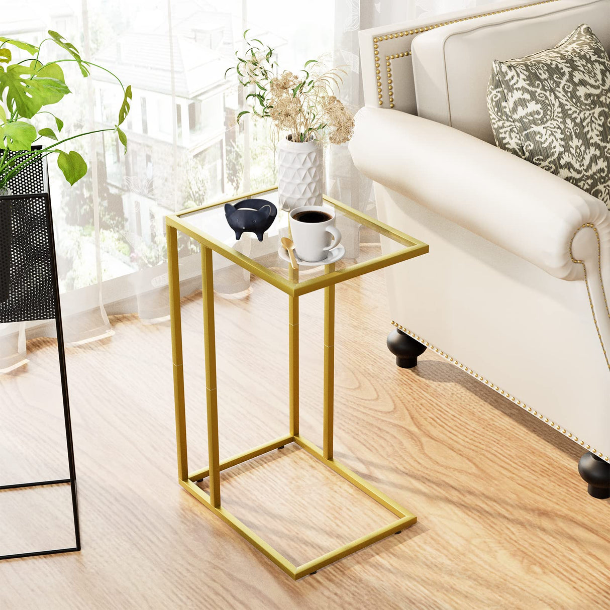 C Shaped Glass End Table, Small Gold Sofa Side Table, Narrow Snack Side Table