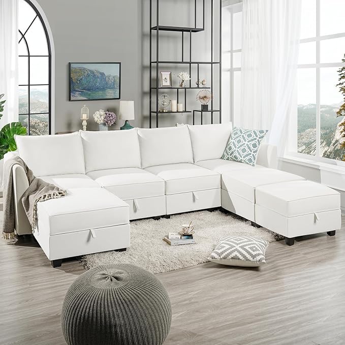 Elizabeth Modular Sectional Sofa Linen U Shaped Couch with Ottomans Convertible Sectional Couch 7-Seater Sofa with Storage Seat, L- Shaped Sectional Sofa - White Down