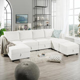 Elizabeth Modular Sectional Sofa Linen U Shaped Couch with Ottomans Convertible Sectional Couch 7-Seater Sofa with Storage Seat, L- Shaped Sectional Sofa - White Down