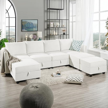 Elizabeth Modular Sectional Sofa Linen U Shaped Couch with Ottomans Convertible Sectional Couch 7-Seater Sofa with Storage Seat, L- Shaped Sectional Sofa - White Down