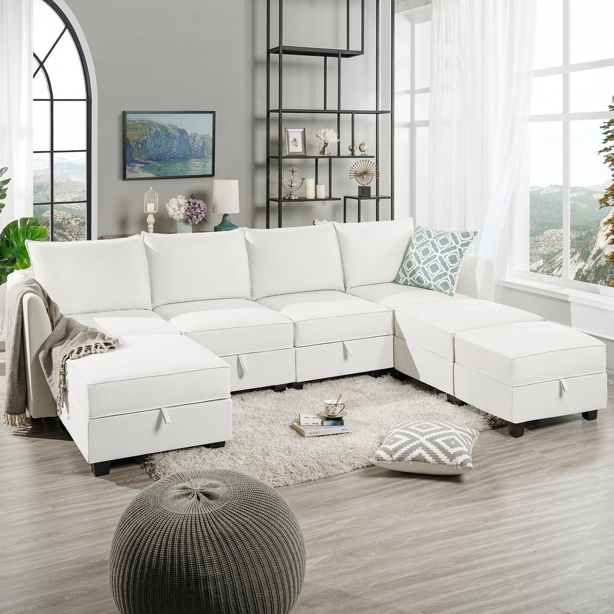 Elizabeth Modular Sectional Sofa Linen U Shaped Couch with Ottomans Convertible Sectional Couch 7-Seater Sofa with Storage Seat, L- Shaped Sectional Sofa - White Down