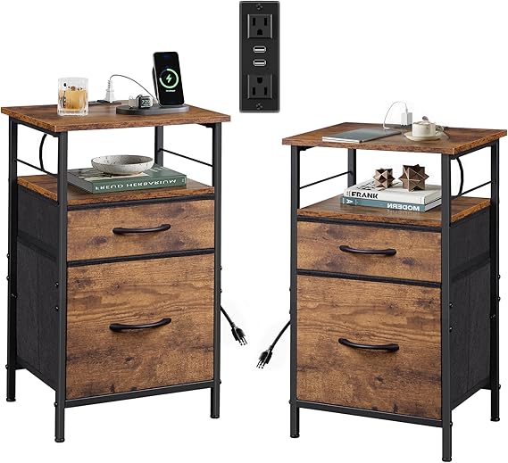 Night Stand Set 2, Black Nightstand with Charging Station, Bedside Tables for Bedroom