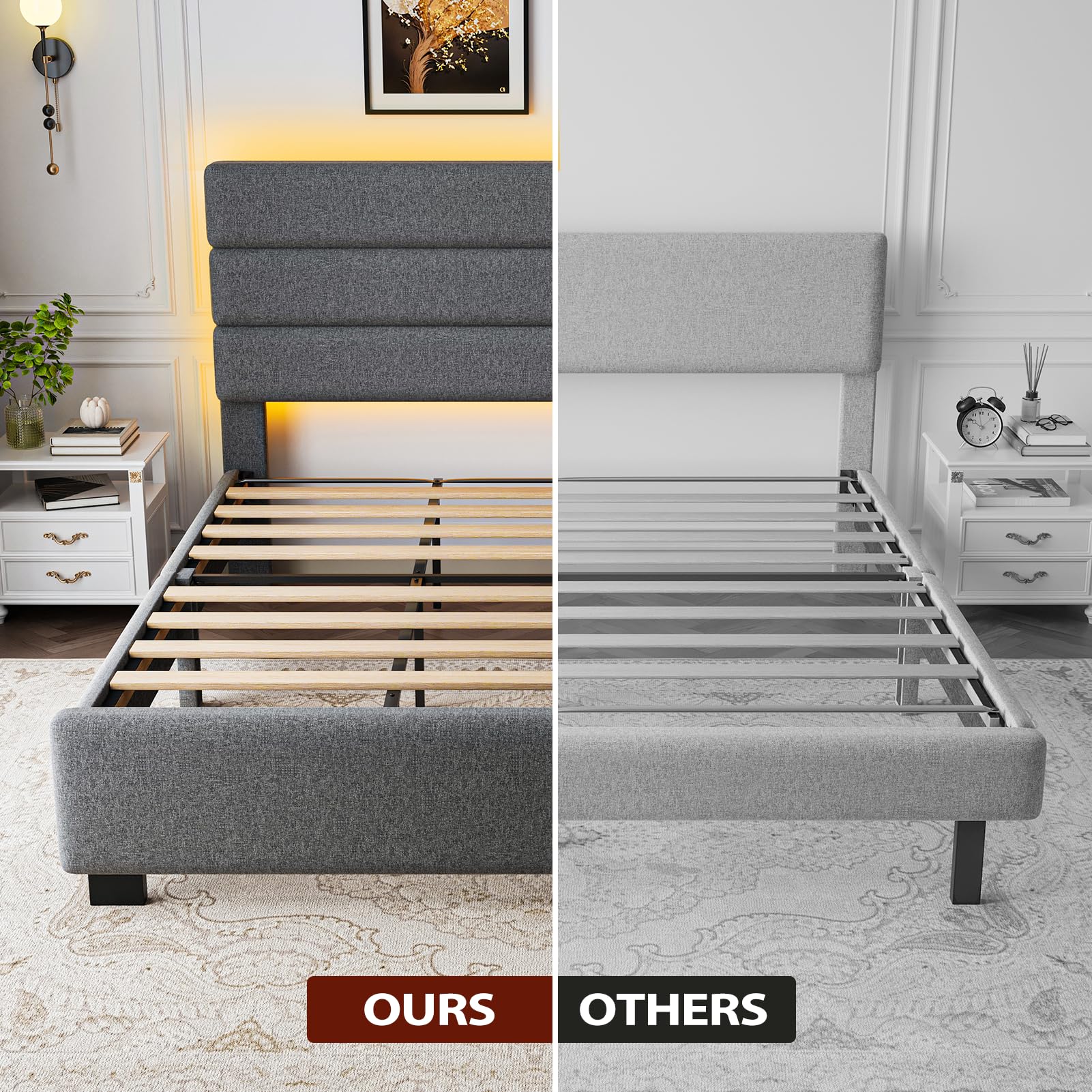 King Size Upholstered Platform Bed Frame with LED Lights