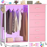 Dresser with Clothes Rack, 5 Drawers Dresser with Charging Station & LED Lights