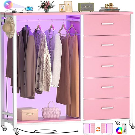 Dresser with Clothes Rack, 5 Drawers Dresser with Charging Station & LED Lights