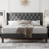 King Size Bed Frame with Wingback, Upholstered Platform Bed with Diamond Tufted