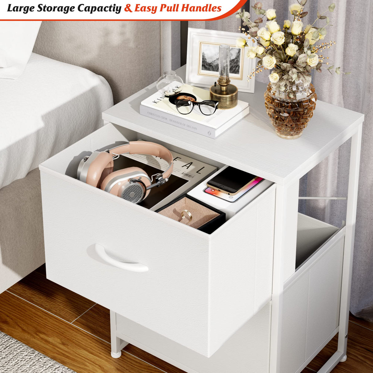 White Nightstand with Drawer for Bedroom, Small Dresser Bedside Table for Kids' Room