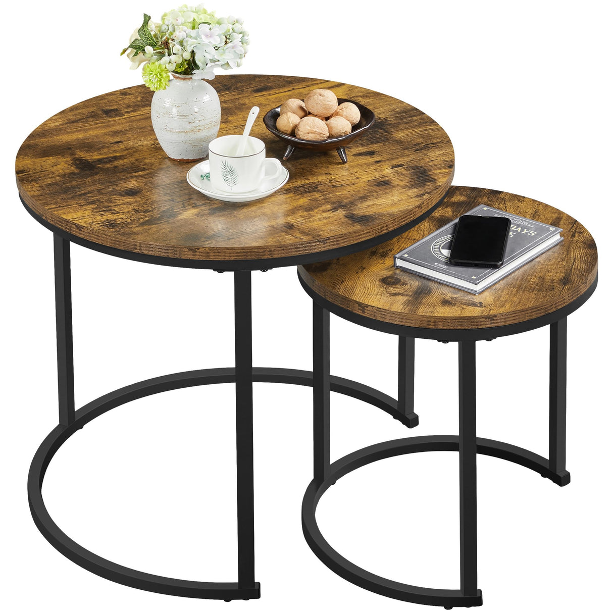 Industrial Round Nesting Coffee Table Set of 2, Circle Coffee Table Nested Sets Sturdy