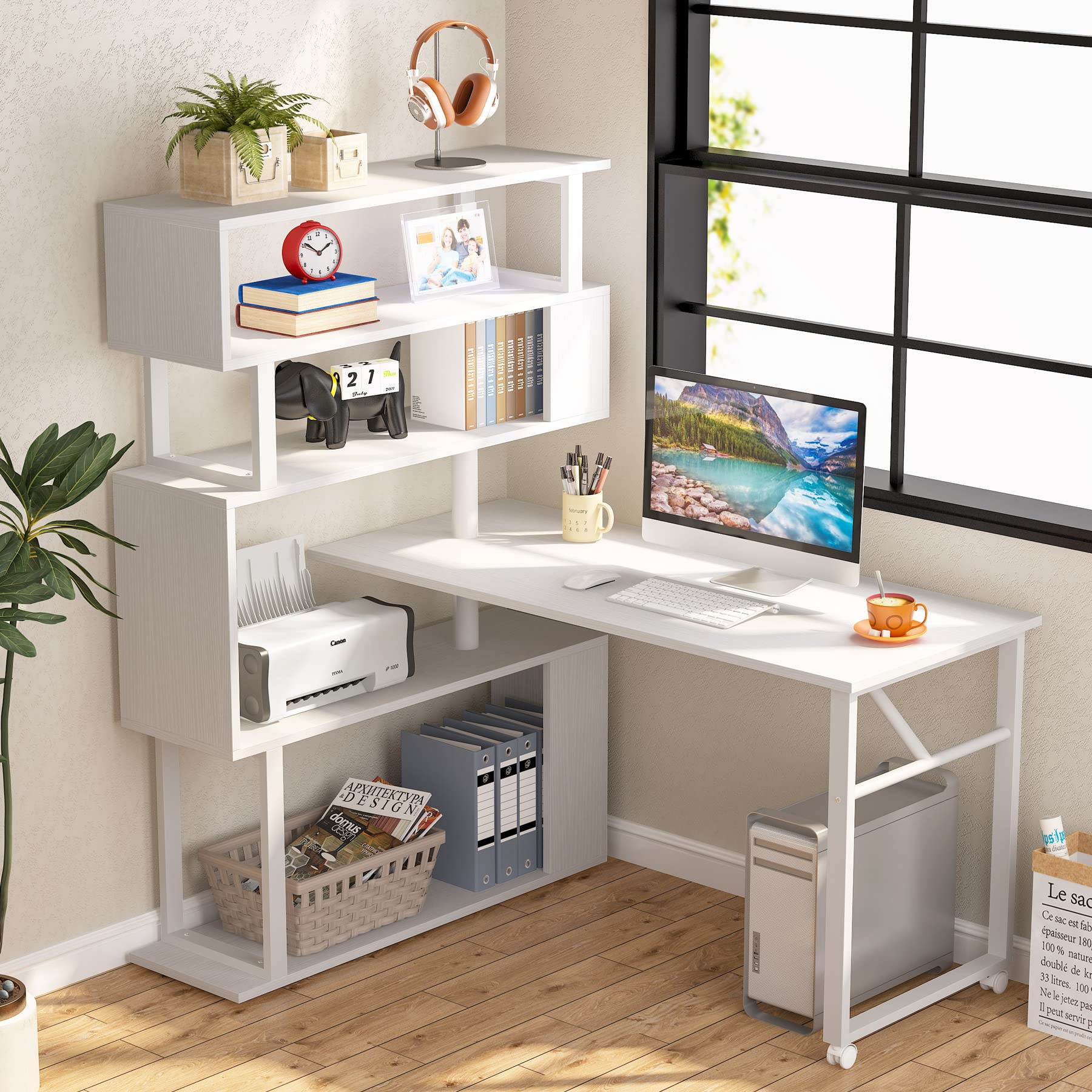 Rotating Computer Desk with 5 Shelves Bookshelf, Modern L-Shaped Corner Desk