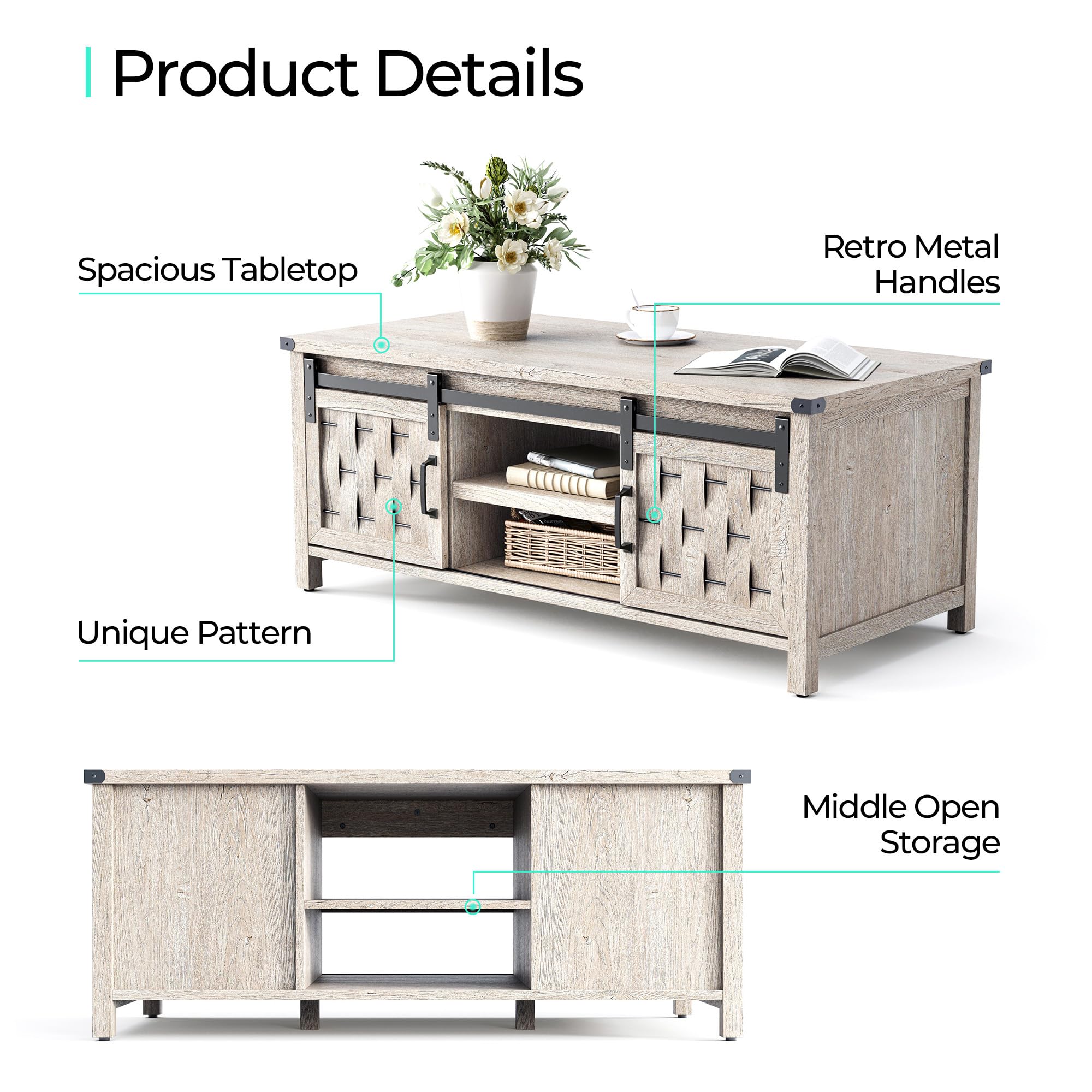 47'' Coffee Table with Storage & Sliding Barn Doors, Farmhouse & Industrial Cocktail Table