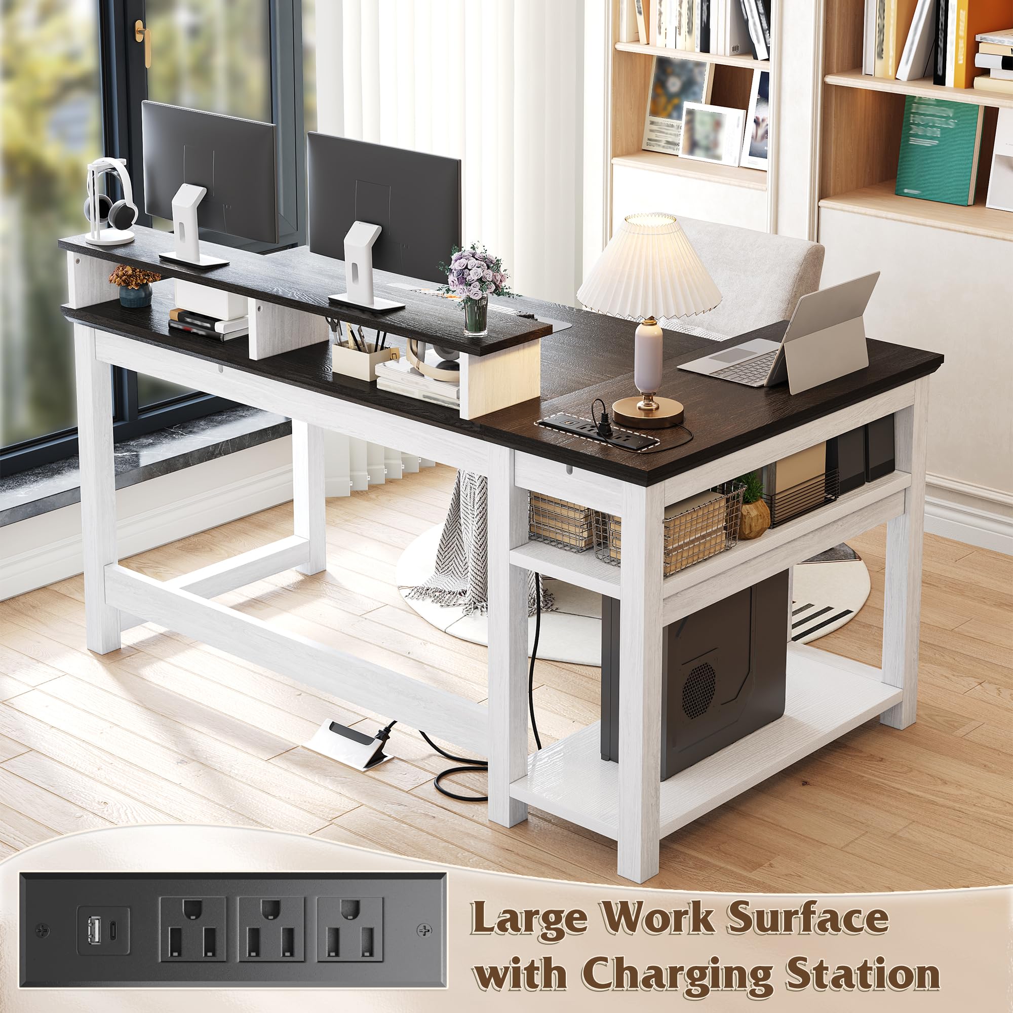 EnHomee 47.3" Computer Desk with Monitor Stand, Gaming Desk with Power Outlet, L