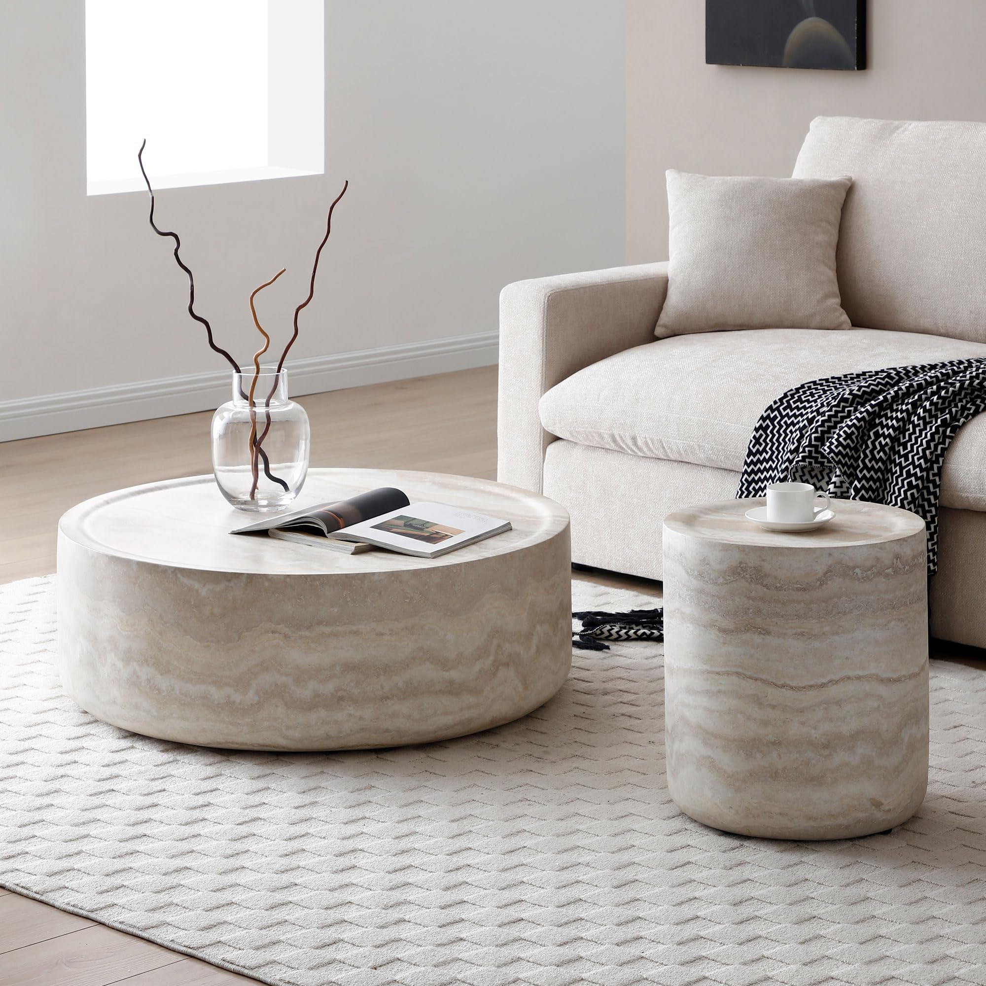 Coffee Table Set of 2, Faux Marble Side Table Round Tea Table Faux Travertine Textured
