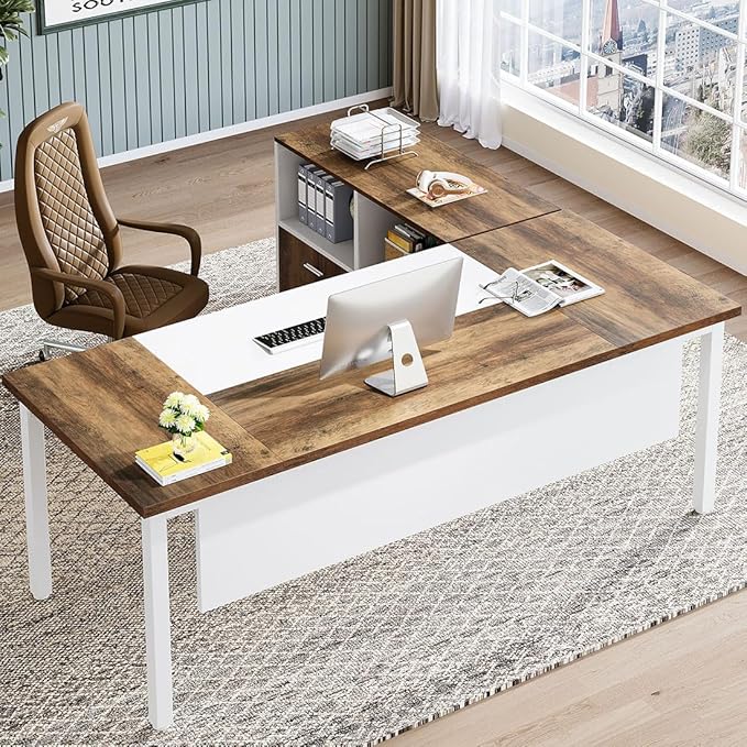 L Shaped Desk with Drawer Cabinet, 63" Executive Computer Desk and lateral File Cabinet