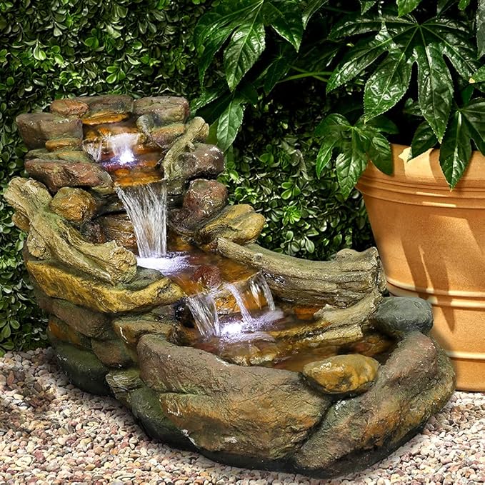 Outdoor Rock Water Fountain with LED Lights, 83.4" L x 22" W x 20" H River Stream Waterfall Feature for Home Garden
