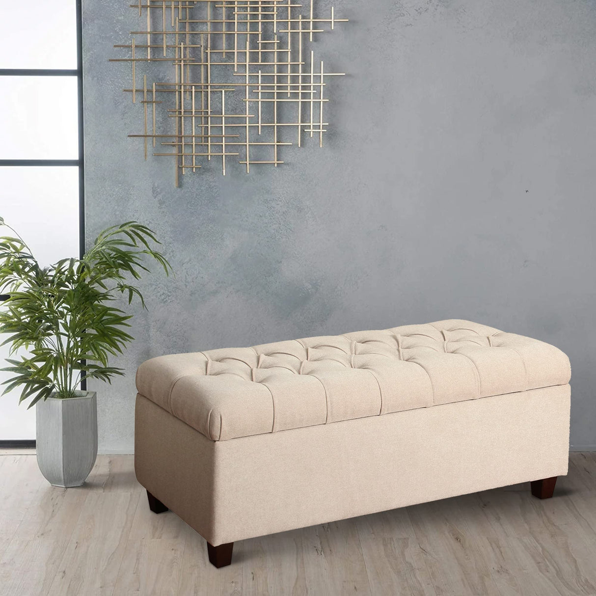 Fabric Upholstered Button Tufted Wooden Bench with Hinged Storage,