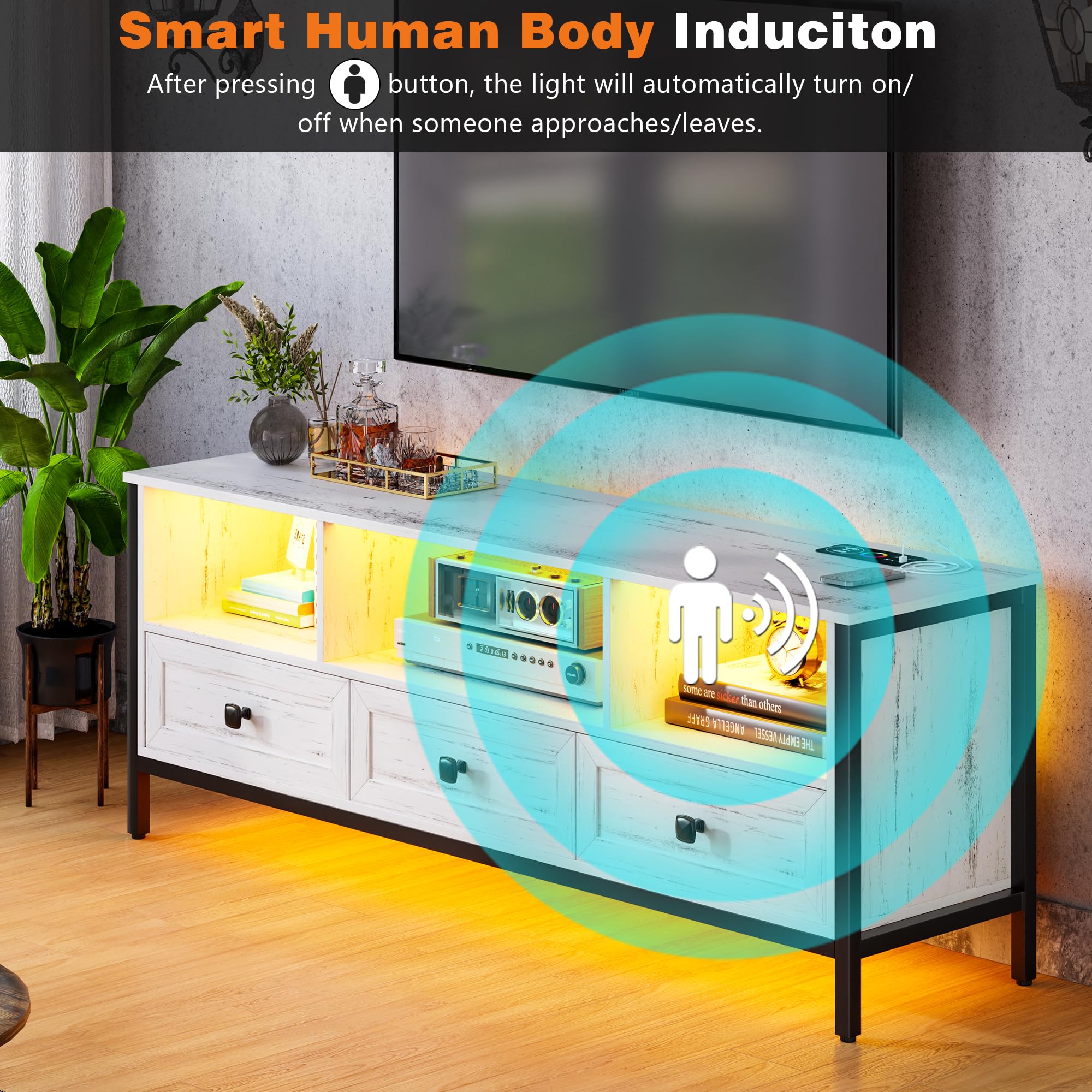 RGB TV Stand with 24 Color Lights,55’’ to 70 Inches Televisions with Wireless Charging Station