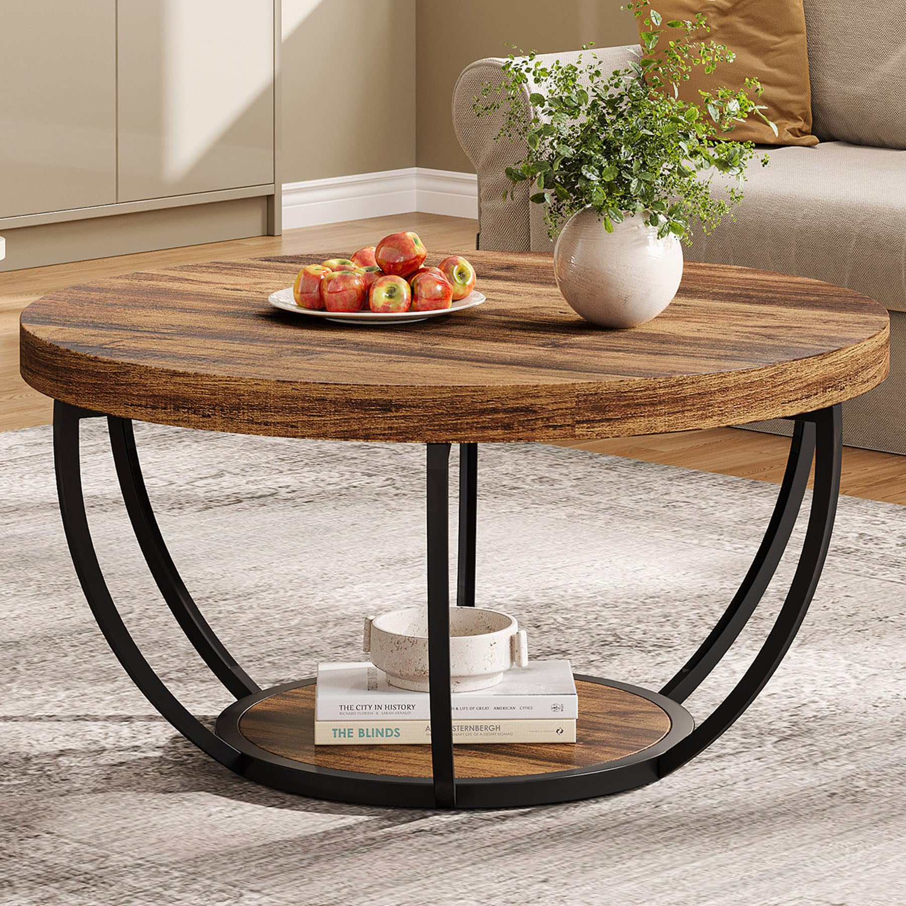 Round Coffee Table, 31.7" Wooden 2-Tier Circle Coffee Table with Storage Shelves