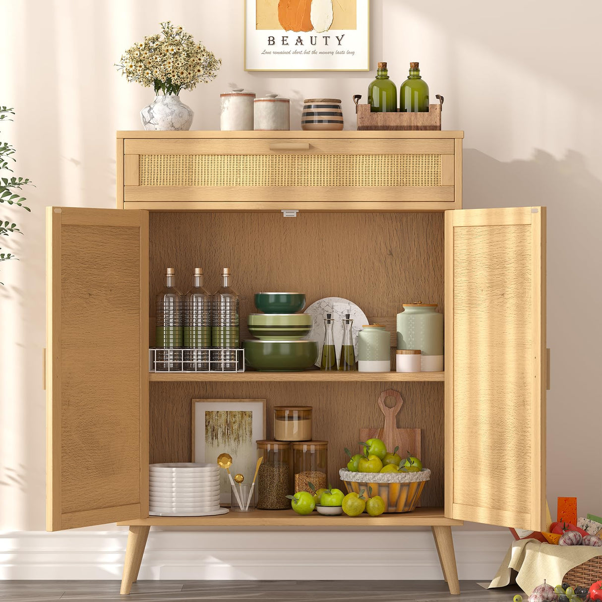 Accent Floor Storage Cabinet with Rattan Doors, Bathroom Cabinet with Large Drawer, Freestanding Storage Cabinet Organizer, Natural BMGZ107M