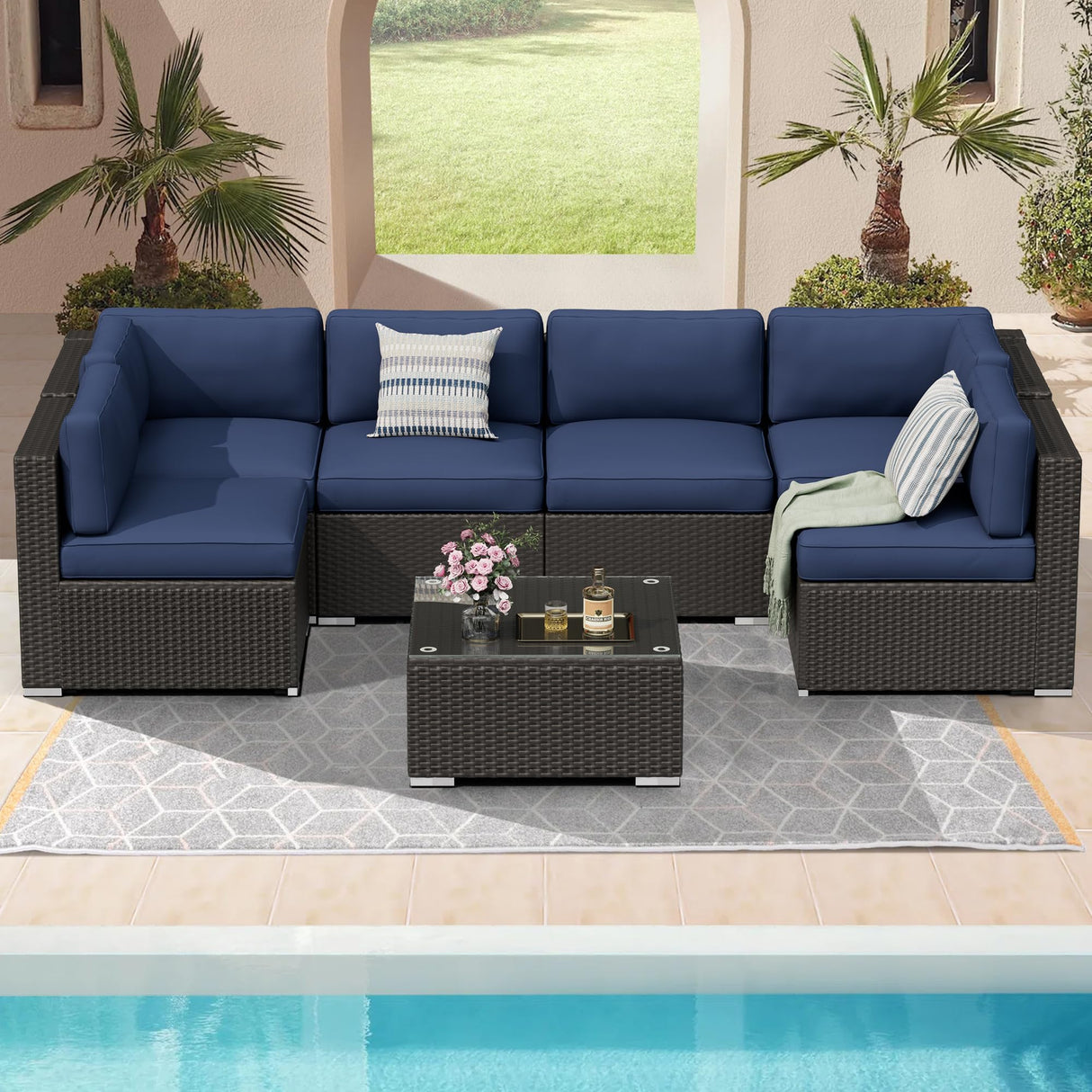 Outdoor Patio Furniture Set 7-Piece All-Weather Sectional Sofa Outside Couch