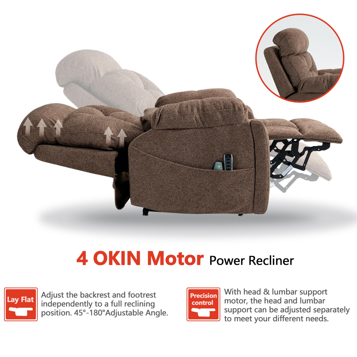 JIKFRIMA 4 OKIN Motor Power Lay Flat Lift Recliner Chair for Elderly Adults Big and Tall Recliners with Heat Massage, Adjustable Head-Back-Lumbar-Leg-Support, Extended Footrest, 2 Cup Holders