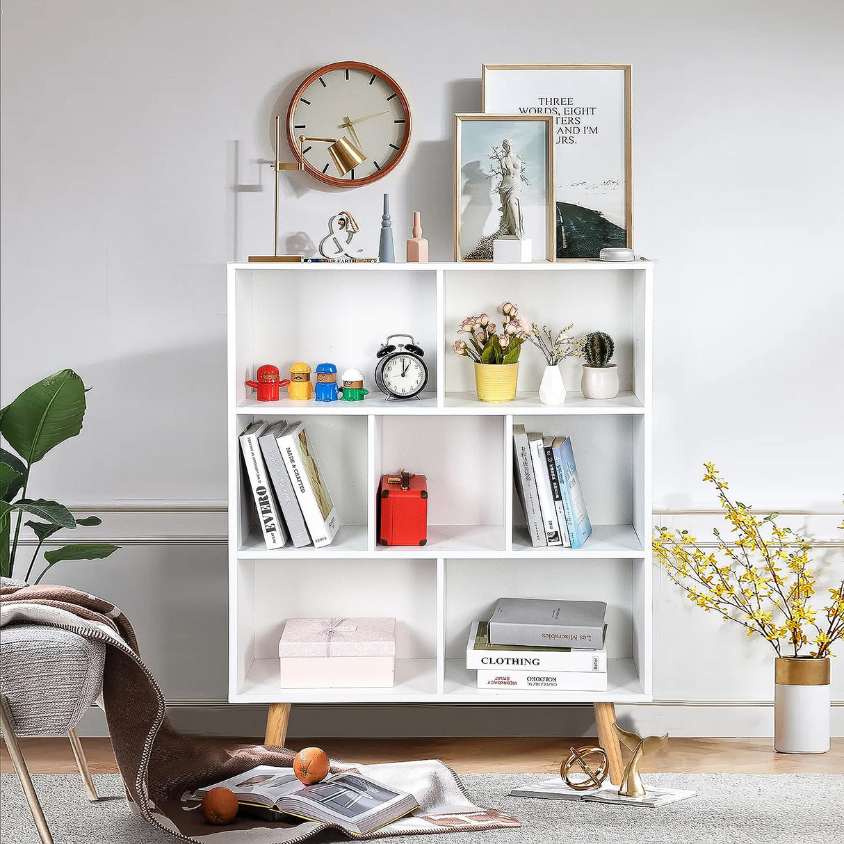 White Cube Bookshelf 7 Cube, 3 Tier Wooden Open Bookcase