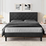 Full Size Bed Frame with Button Tufted Headboard, Linen Upholstered Platform Bed