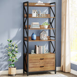 Bookshelf with Drawers, 70.8" Industrial Bookcase with 2 Drawers, 5 Shelf Open Shelf