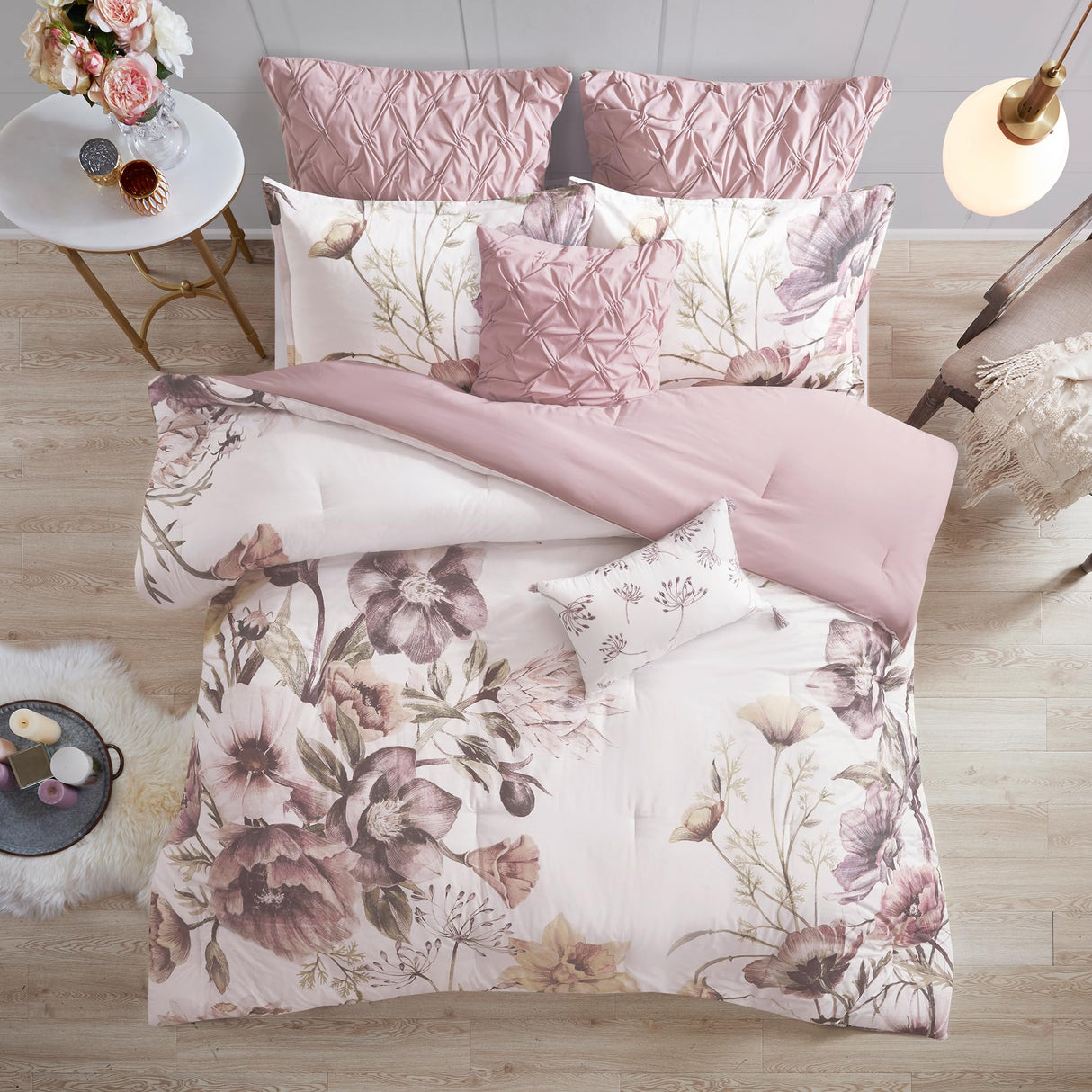 Floral Queen Comforter Set, Cotton Rich Bedding Set Feminine Design Shabby Chic Queen