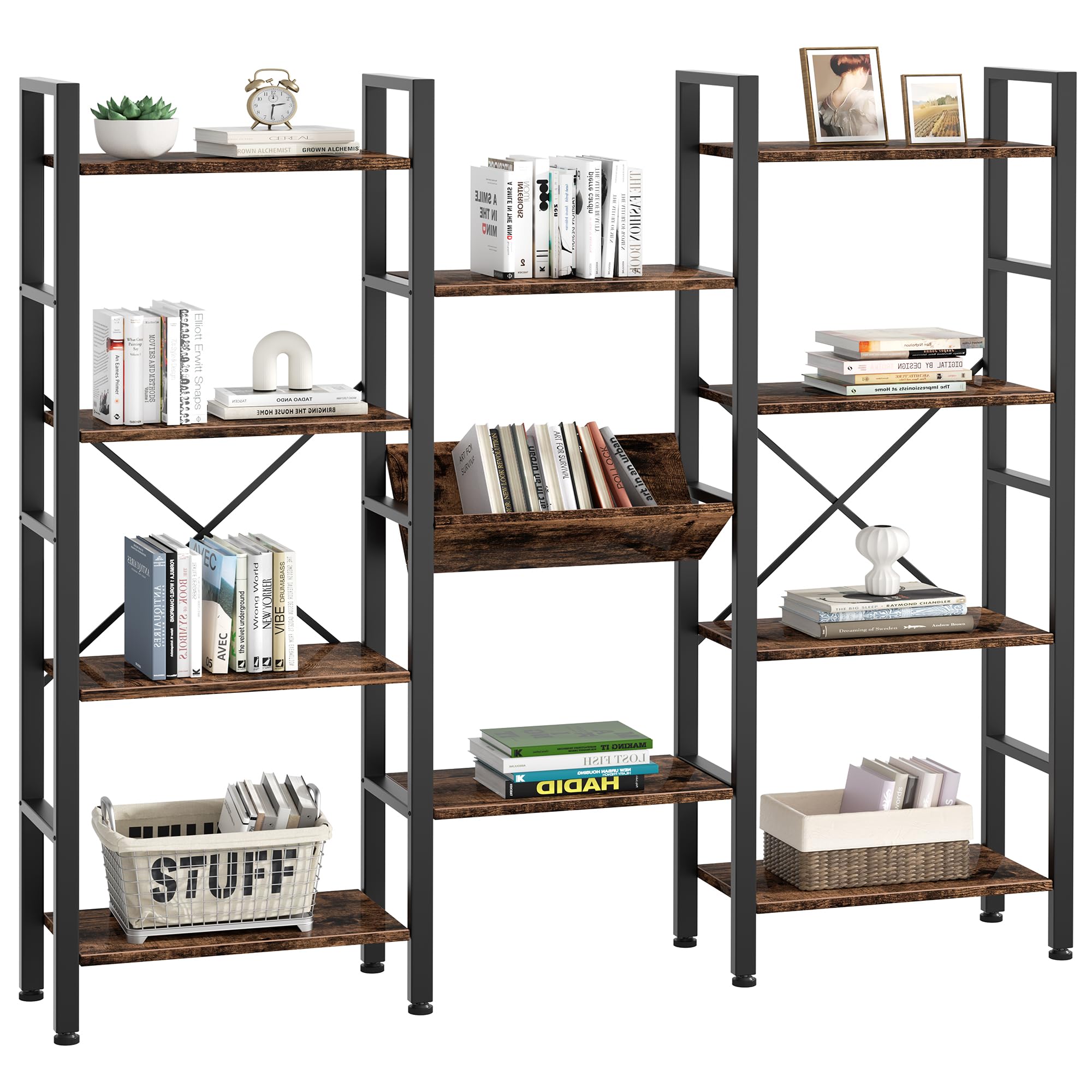 Industrial Bookcase,71.6” Triple 4 Tier Bookshelf with 11 Open Display Shelves
