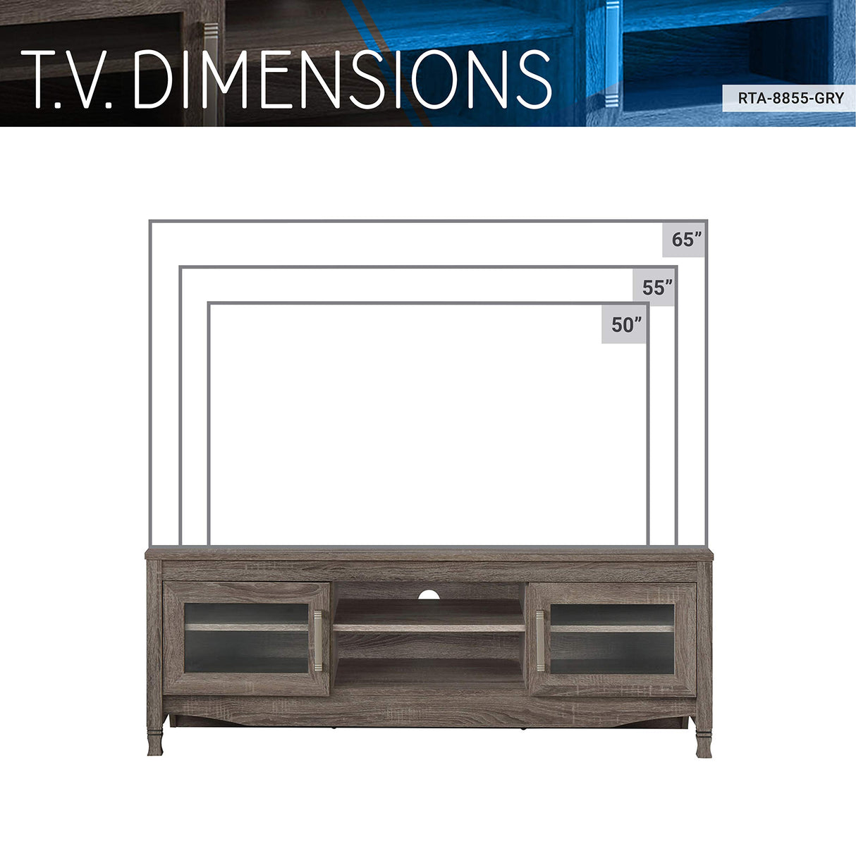 Storage & Glass Display Cabinets, Driftwood TV Stand for Living Room or Bedroom with Cable Management, Fits Screens up to 65 Inches When Measured Diagonally, Grey