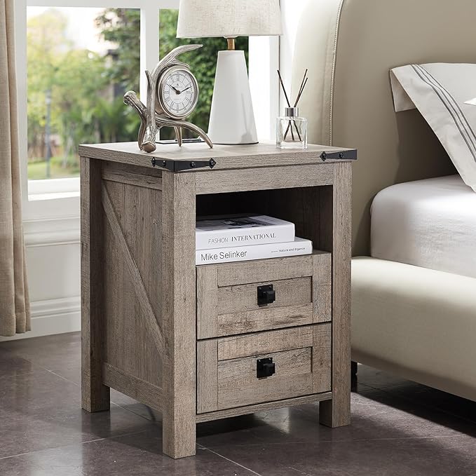 Nightstand with Charging Station, End Table, Side Table with 2 Drawers Storage Cabinet