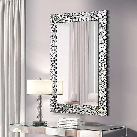 Crystal Crush Diamond Wall Mirror 46.5''x30.5'' Rectangle Silver Mirrors for Wall Decorative Large Wall