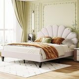Velvet Upholstered Platform Bed with Flower Pattern Headboard - Queen