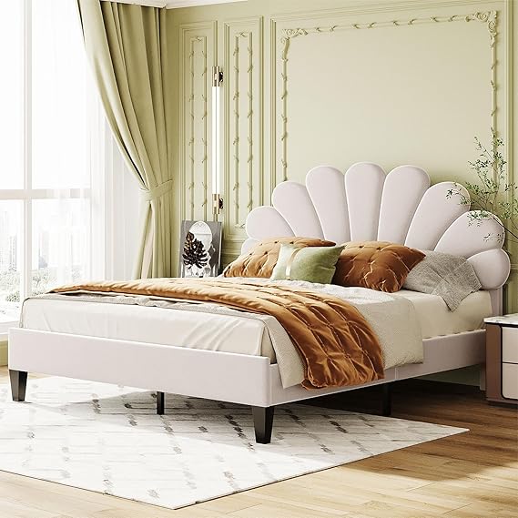 Velvet Upholstered Platform Bed with Flower Pattern Headboard - Queen