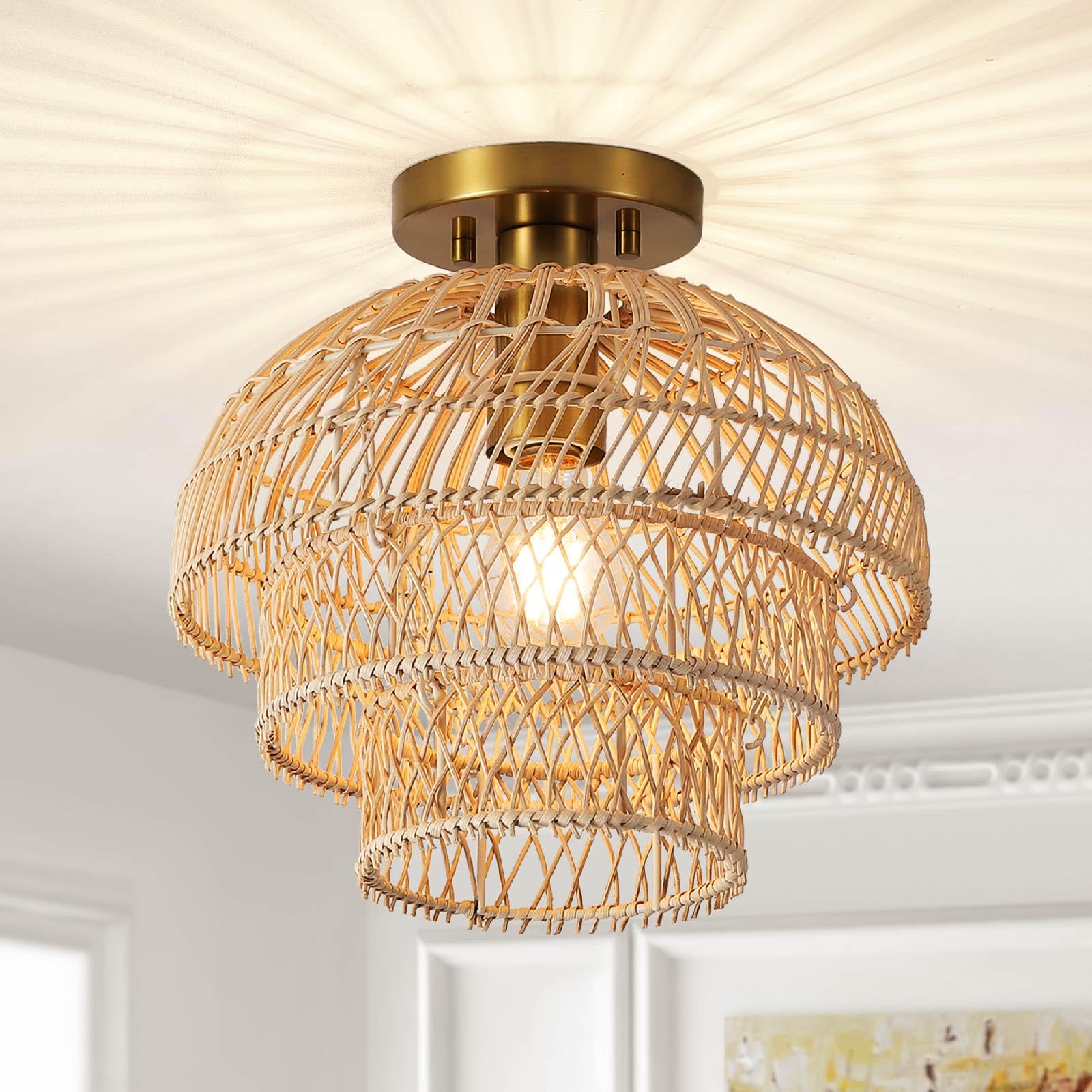 12'' Rattan Ceiling Light Fixtures Boho Chandelier Rattan Semi Flush Mount Ceiling Light